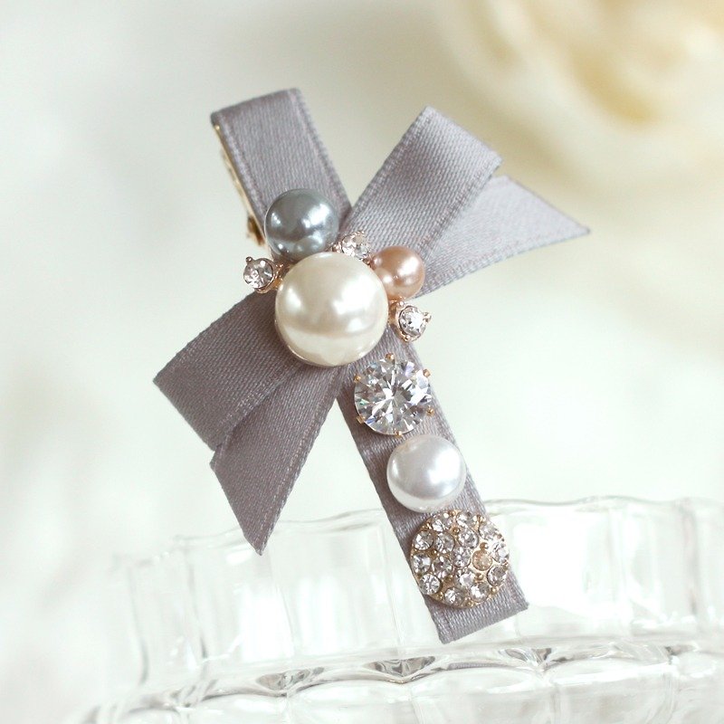 Colored Pearl with Ribbon Hair Clip - Hair Accessories - Other Materials Gray