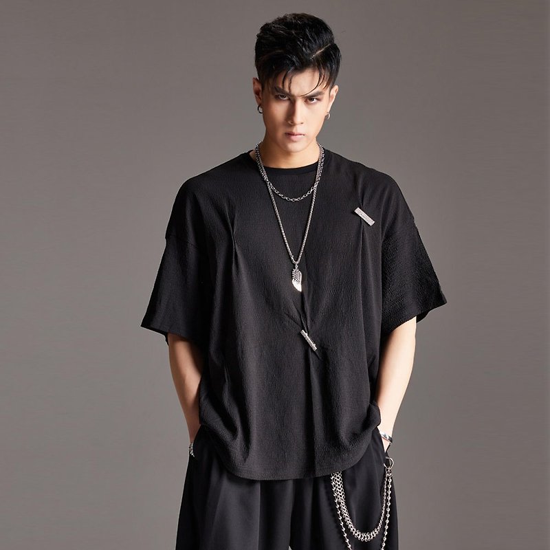 Cut the soul series of men's black pinch pleated short sleeve T-shirt - Men's T-Shirts & Tops - Polyester 