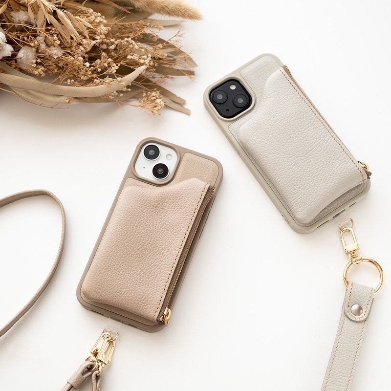 カラーリアケース 付け替え式 ポーチ付き 【 シュリンクレザー 】 本革 iPhone スマホケース スマホショルダー くすみカラー JS15K - 手機殼/手機套 - 真皮 咖啡色