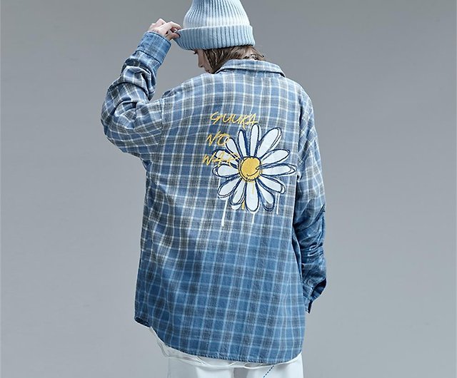 Daisy print gradient plaid shirt jacket - Shop MUYU Men's Coats