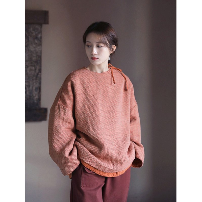 Chinese style woven yarn-dyed linen round collar quilted loose cotton coat - เสื้อผู้หญิง - ผ้าฝ้าย/ผ้าลินิน 