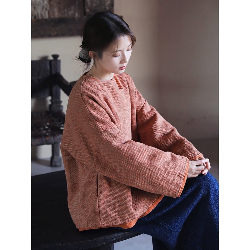 中式編織色織亞麻圓領夾棉寬松棉衣棉服 - 女上衣/長袖上衣 - 棉．麻 