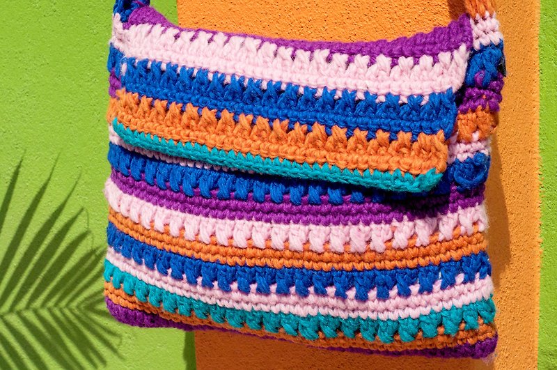 Pure wool crocheted light bag/cross-body bag/side bag/shoulder bag/tote bag/shopping bag-tropical - Messenger Bags & Sling Bags - Wool Multicolor