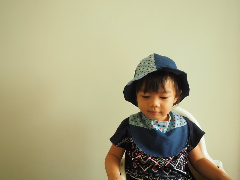 Handmade reversible blue star hat and bib gift set - Baby Gift Sets - Cotton & Hemp Blue