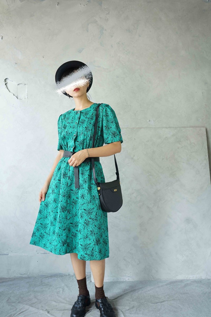 Treasure Hunt Vintage Clothes - Retro Lake Green Casual Stroke Floral Showa Dress with Waist Puff Sleeves - One Piece Dresses - Polyester Green