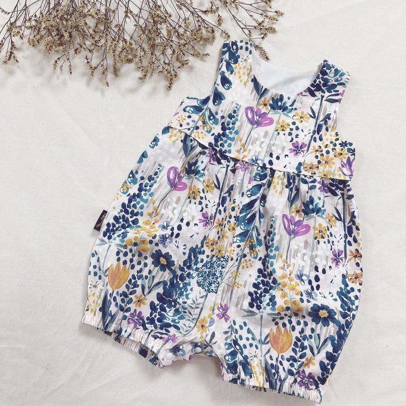 Lantern jumpsuit watercolor garden - ชุดทั้งตัว - ผ้าฝ้าย/ผ้าลินิน สีน้ำเงิน