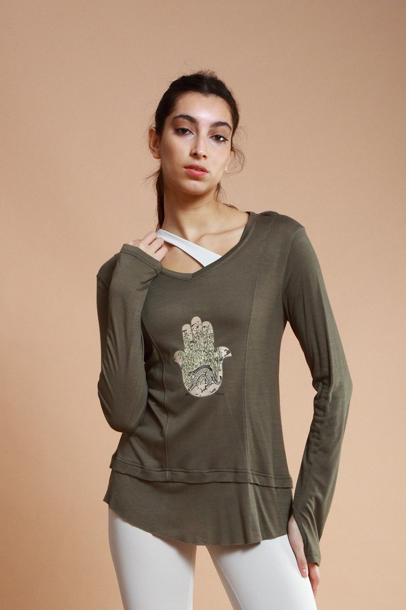 asana eco 生態意識系列-V領剪接長袖上衣-夜幕綠/石虎 - 女 T 恤 - 聚酯纖維 綠色