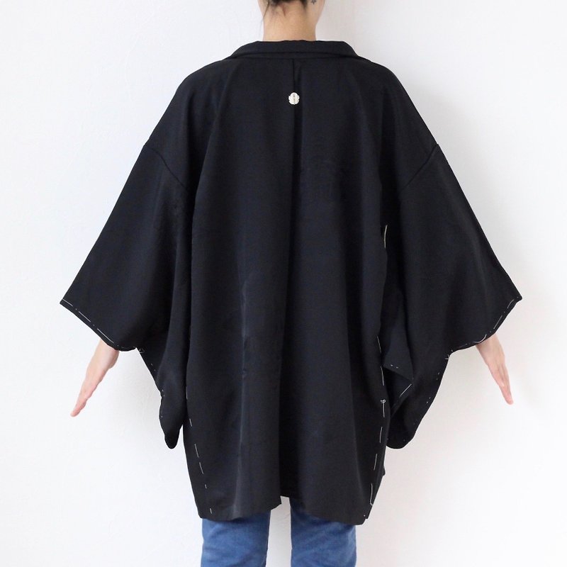 landscape kimono, silk kimono, haori jacket, Japanese kimono /3655 - เสื้อแจ็คเก็ต - ผ้าไหม สีดำ