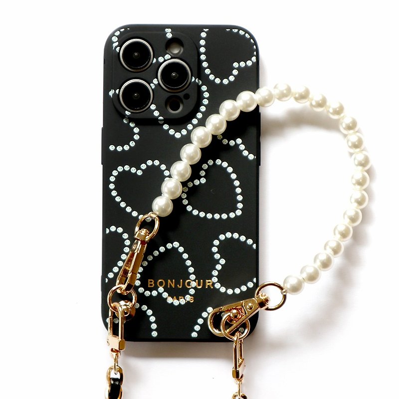 iPhone15/14/13/12 Tokyo series-French dotted love pearl small fragrance chain mobile phone case - Phone Cases - Plastic Black