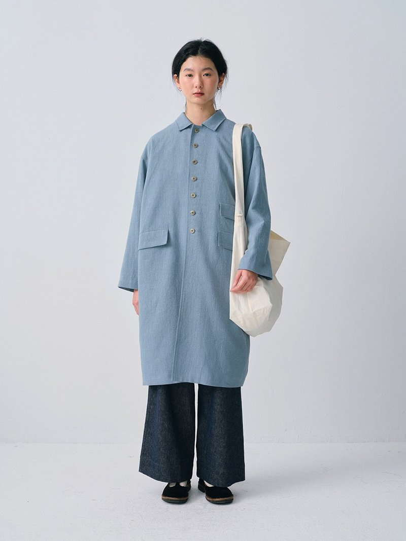 霧藍色亞麻雙口袋長風衣外套 - 女西裝外套 - 棉．麻 多色