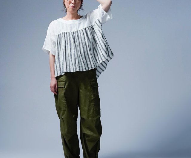 wafu【リネントップス】旬の上をいくバイカラーリネンをご体感 / 白色