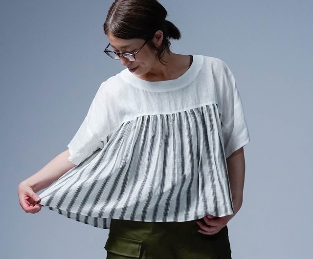 wafu【リネントップス】旬の上をいくバイカラーリネンをご体感 / 白色