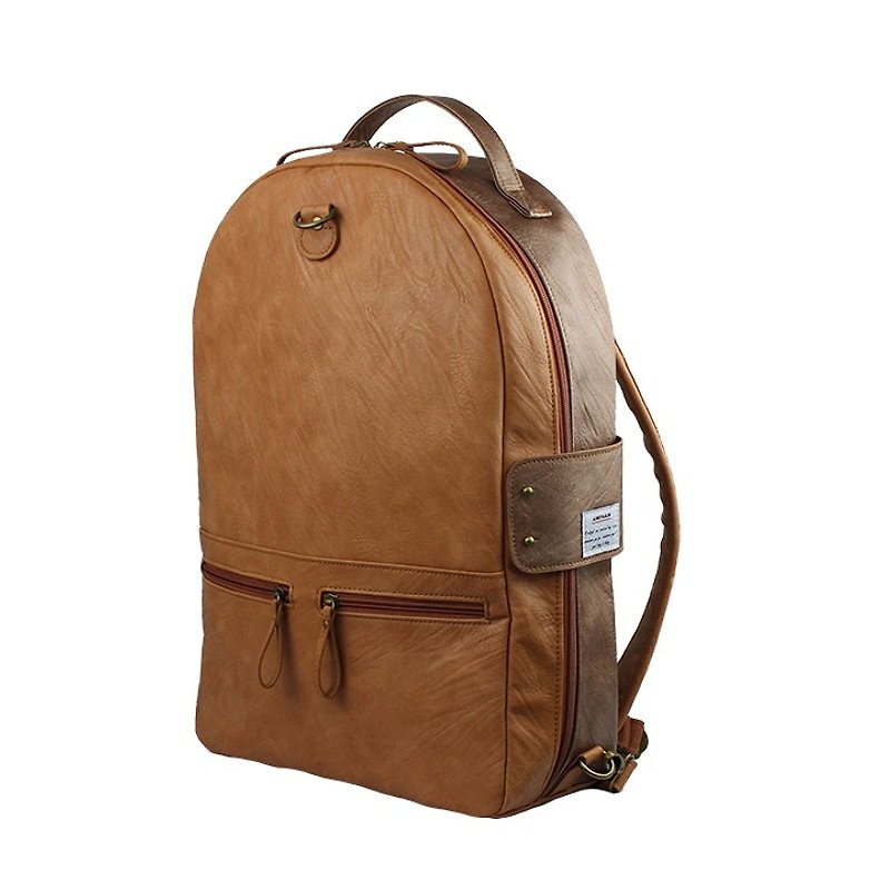 AMINAH-棕色系雙面皮革後背包【am-0307】 - 後背包/書包 - 人造皮革 咖啡色