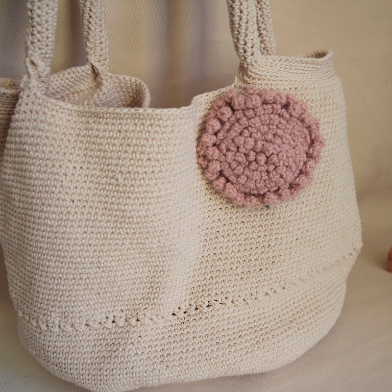Wool knitted shoulder bag handmade gift hydrangea/fireworks white Linen X striped handbag - Handbags & Totes - Other Materials White