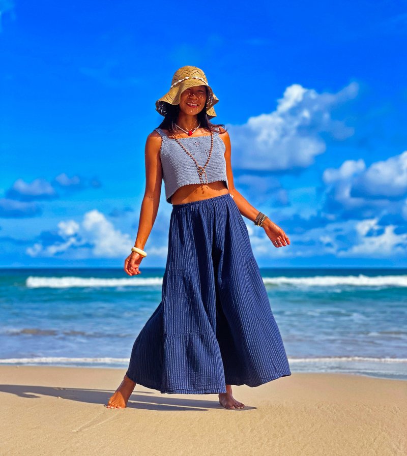 Women Blue Pants, Cotton Blue Pants, Loose Blue Pants, Blue Striped Pants - 女長褲 - 其他材質 