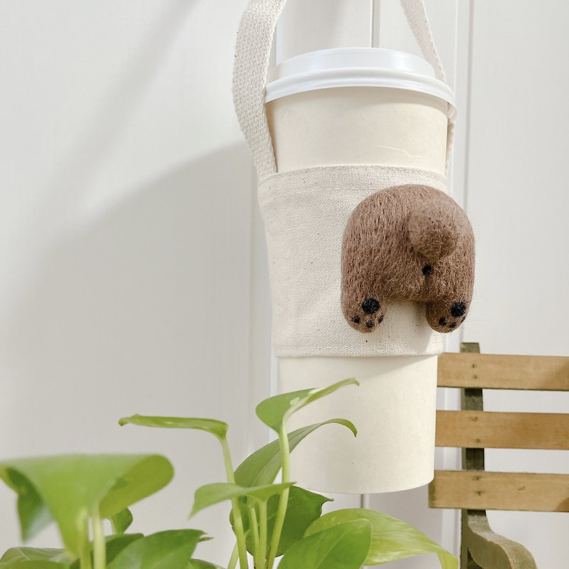 Bear Butt Wool Felt Eco-friendly Cup Holder Retractable Ring Clip Clip Cup Holder Provides Free Name Embroidery - Beverage Holders & Bags - Wool White