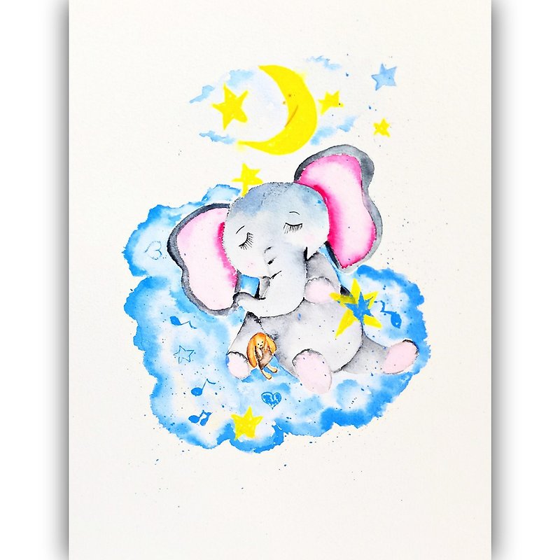 ゾウの絵 雲の上で眠っている赤ちゃんゾウ オリジナルの赤ちゃんのイラスト