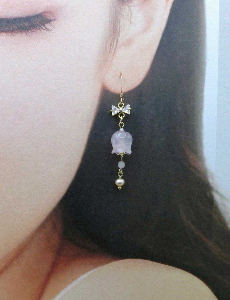 Lemon handmade hair accessories, pink crystal lily of the valley earrings/Americ - ต่างหู - หยก สึชมพู