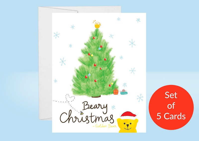 Bear Christmas Card Pack, Set of 5 cards, Cute Christmas Card, Holiday Card Set - Cards & Postcards - Paper 