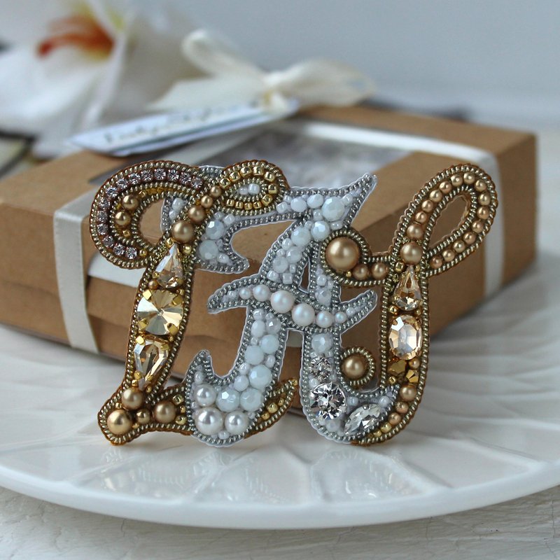 Custom Beaded Gold Letter Brooch.Embroidered Initial Brooch.Customized Gift - Brooches - Pearl White