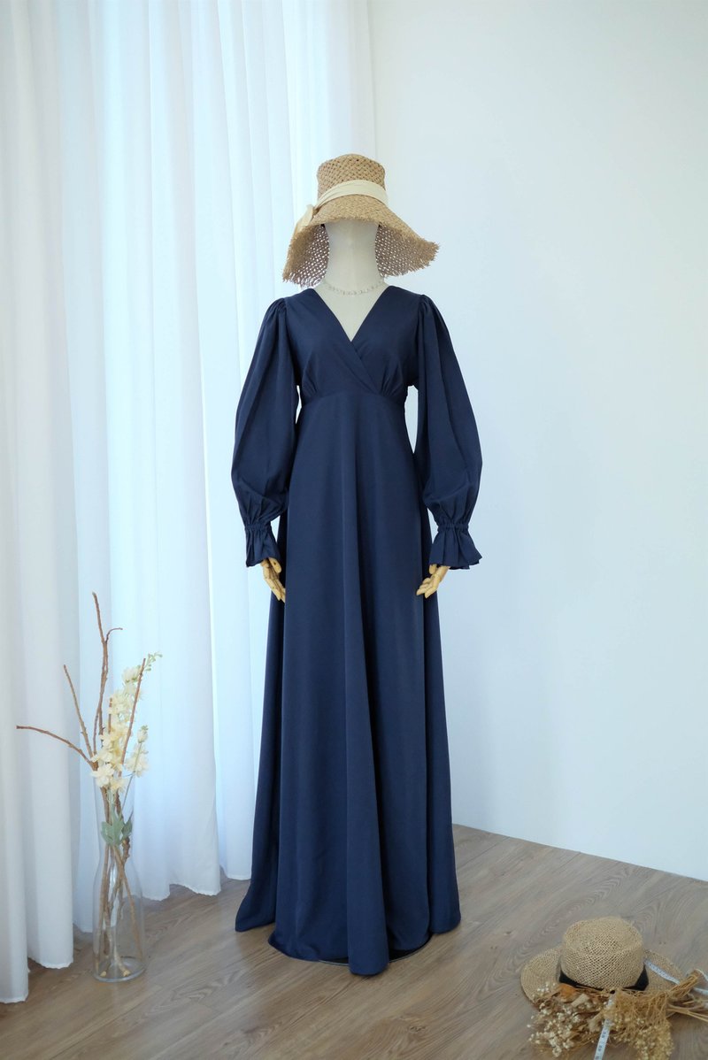 Navy Bridal dress bridesmaid dress long sleeve cocktail party vintage dress - 洋裝/連身裙 - 聚酯纖維 藍色