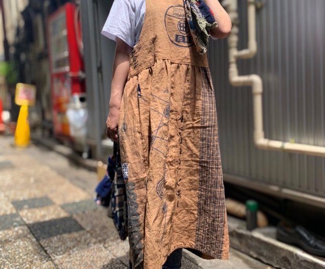 ブルー系手ぬぐいの柿渋染めワンピース - ショップ meihana