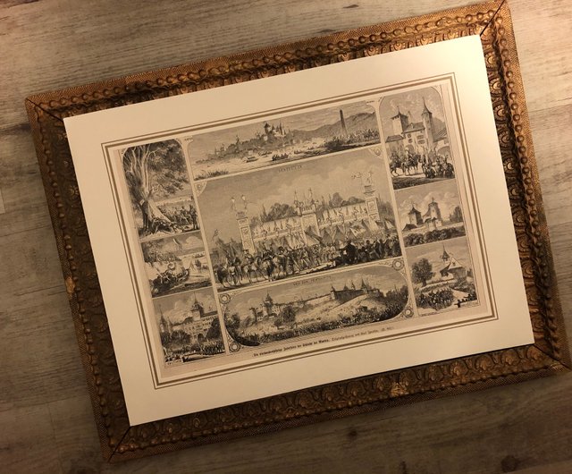 自然木　皮付き切り株　使用額縁　ガラス使用　昭和製造　未使用　書道　写真　版画 100 年前のドイツのアンティークの木版画のみの写真を額縁なしで