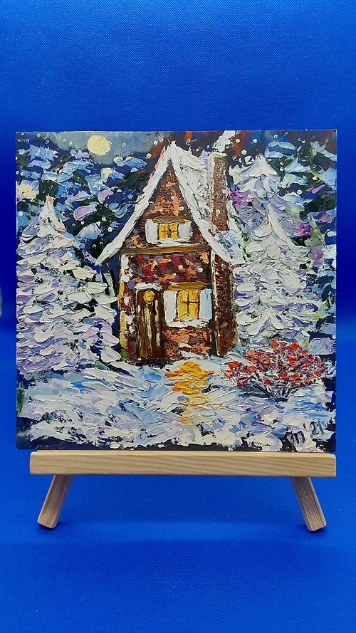 CosinessArt Winter Funny Fairytale Forest House# 2 Handmade painting for the nursery
