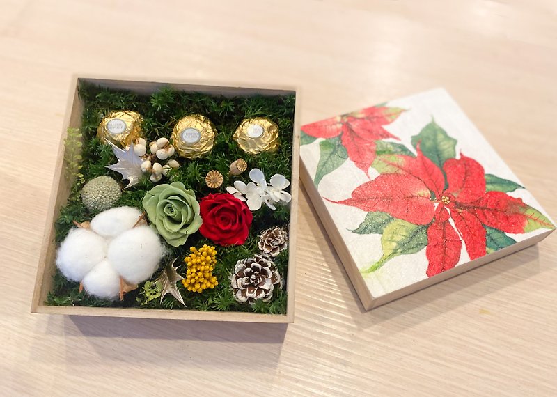 聖誕永生花木禮盒  聖誕禮物  法式拼貼  金沙巧顆粒 6種圖案可選 - 乾燥花/永生花 - 植物．花 紅色