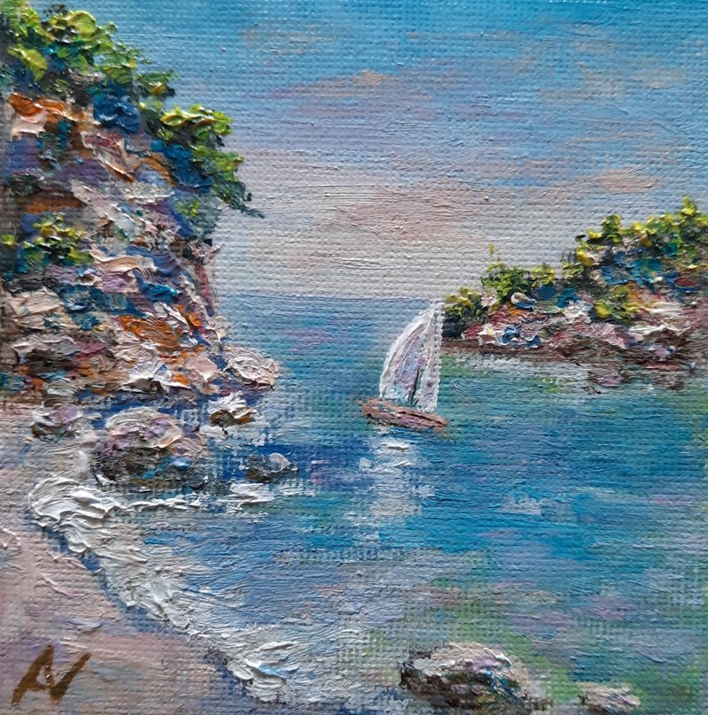 Sea bay mini oil painting, cozy beach original art, sailboat ocean handmade gift - 壁貼/牆壁裝飾 - 環保材質 多色