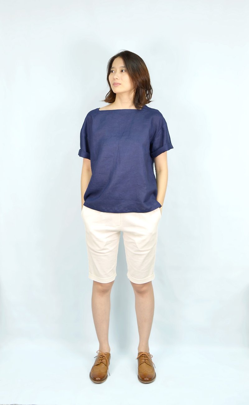 [] HIKIDASHI square collar blouse. Zhang Qing - Women's Tops - Cotton & Hemp Blue