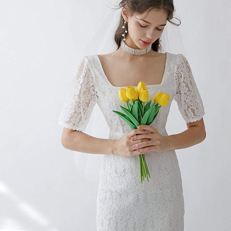 韓國製方領純白蕾絲輕婚紗 婚禮洋裝連身裙 - 晚裝/晚禮服  - 尼龍 