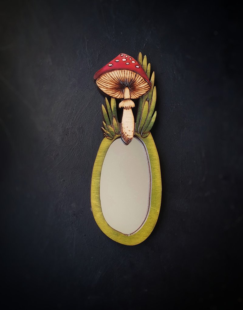 Wall Mirror Mushrooms, wooden mirror, wood burning, boho mirror wall decor - ตกแต่งผนัง - ไม้ สีเขียว