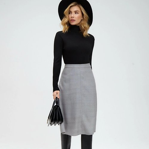 MARCLO Gray Flared Skirt in Worsted Wool / Elevate Your Office Clothing