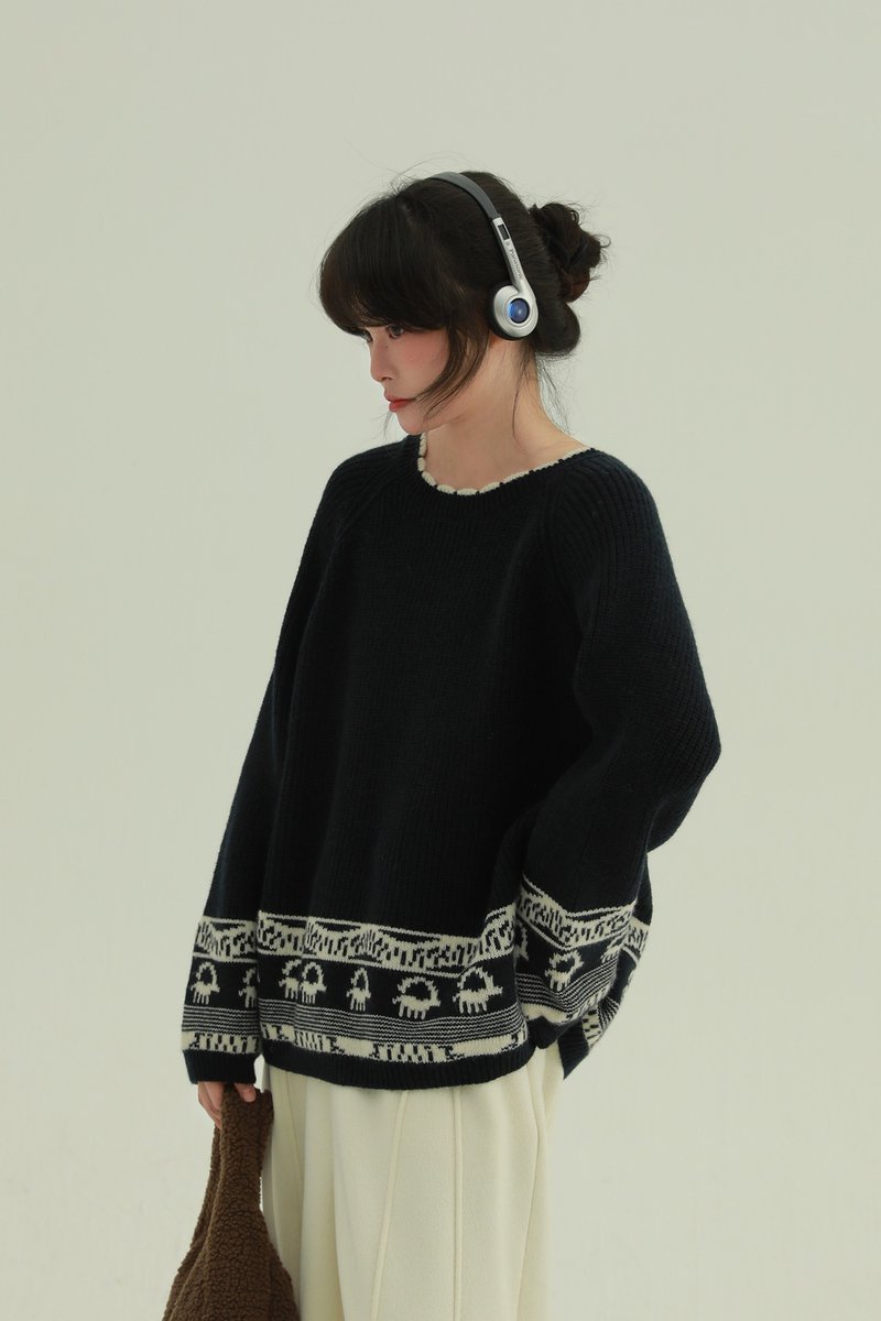 Two-Tone Vintage Easter Egg Lace Collar Sweater - Jacquard Retro Design Knit Top - สเวตเตอร์ผู้หญิง - เส้นใยสังเคราะห์ สีดำ