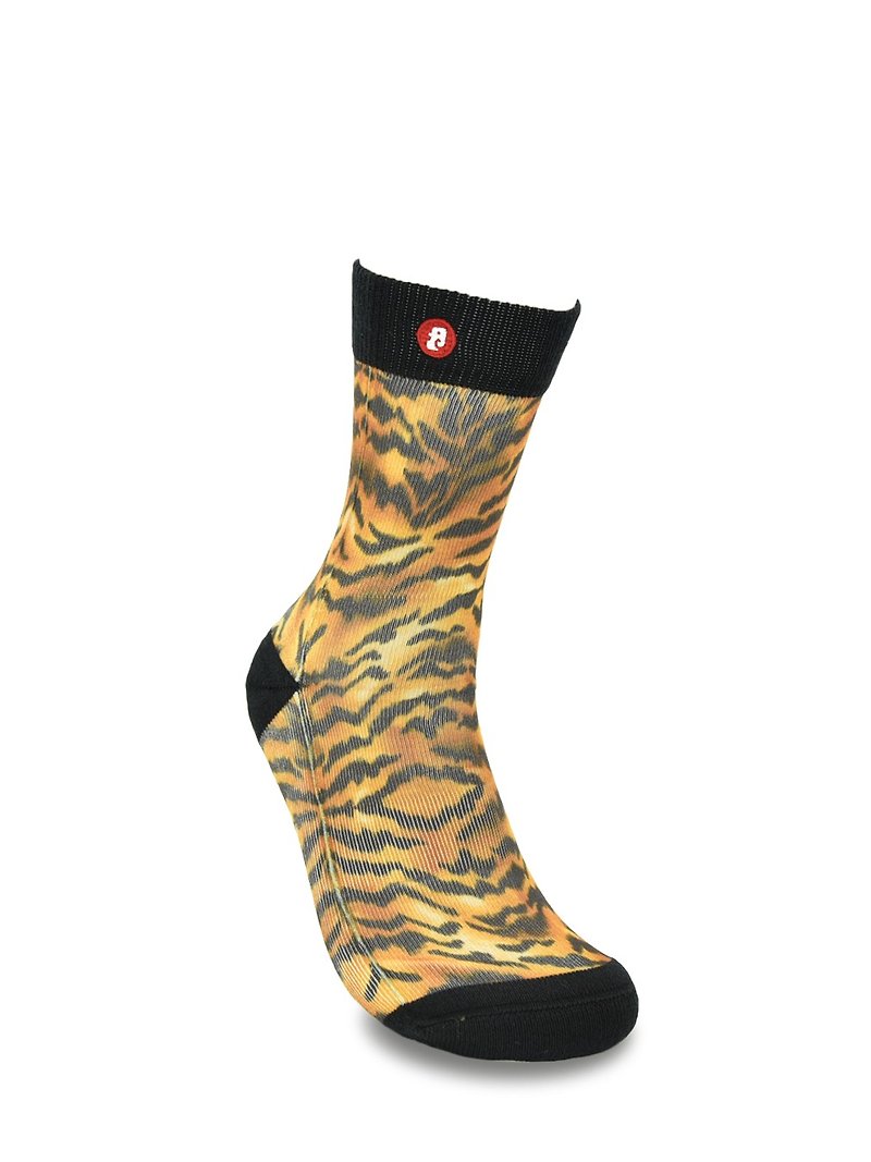 Fool's Day Printed Crew Socks - Tiger Yellow - ถุงเท้า - ผ้าฝ้าย/ผ้าลินิน สีกากี