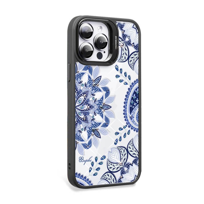 iPhone 15系列 防震雙料隱形立架彩鑽手機殼-青花瓷-黑框 - 手機殼/手機套 - 其他材質 多色