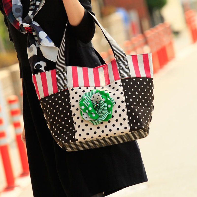 tote bag Location Hunting L Pink Green Corsage dots borders stripes - Other - Cotton & Hemp Pink