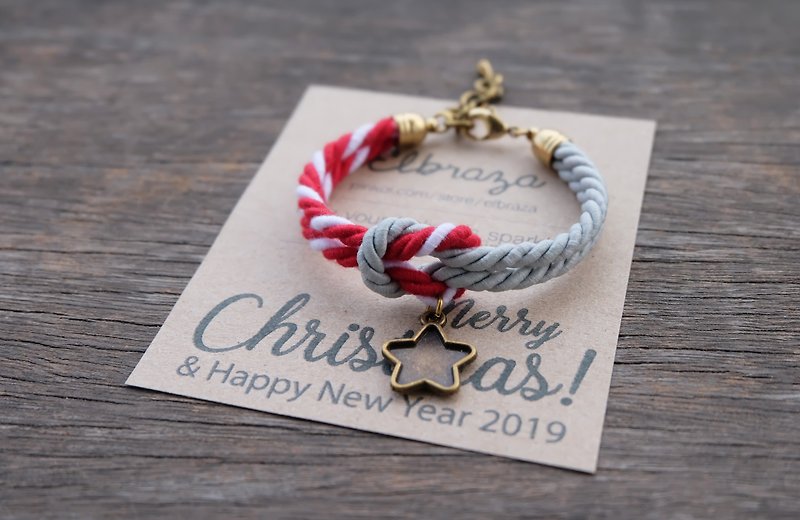 Red white / matte ash knot rope bracelet with star - Christmas gift - 手鍊/手鐲 - 其他材質 多色