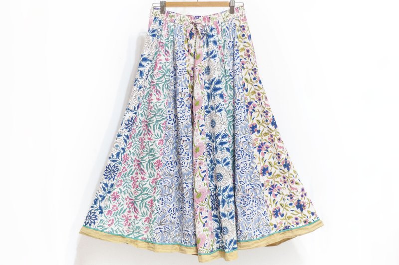 Woodblock Printed Cotton Skirt Indian Cotton Patchwork Skirt Indian Handmade Woodblock Printed Long Skirt-Flower Style - Skirts - Cotton & Hemp Multicolor