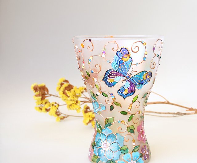 ガラス花瓶蝶レインボーワイルドフラワースワロフスキークリスタル