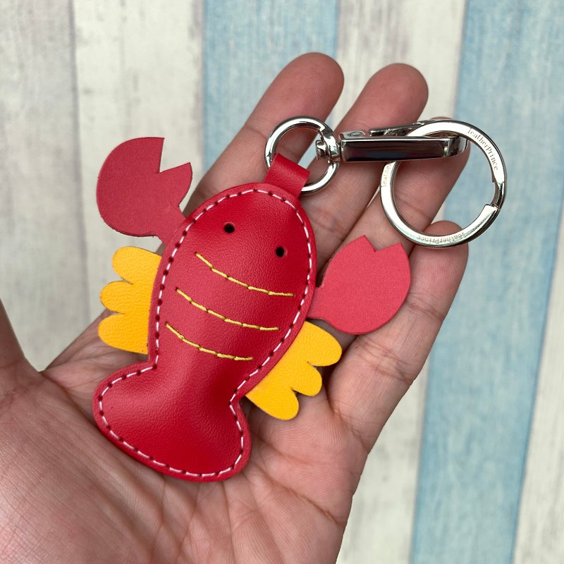 Healing small objects handmade leather red cute lobster hand-stitched keychain small size