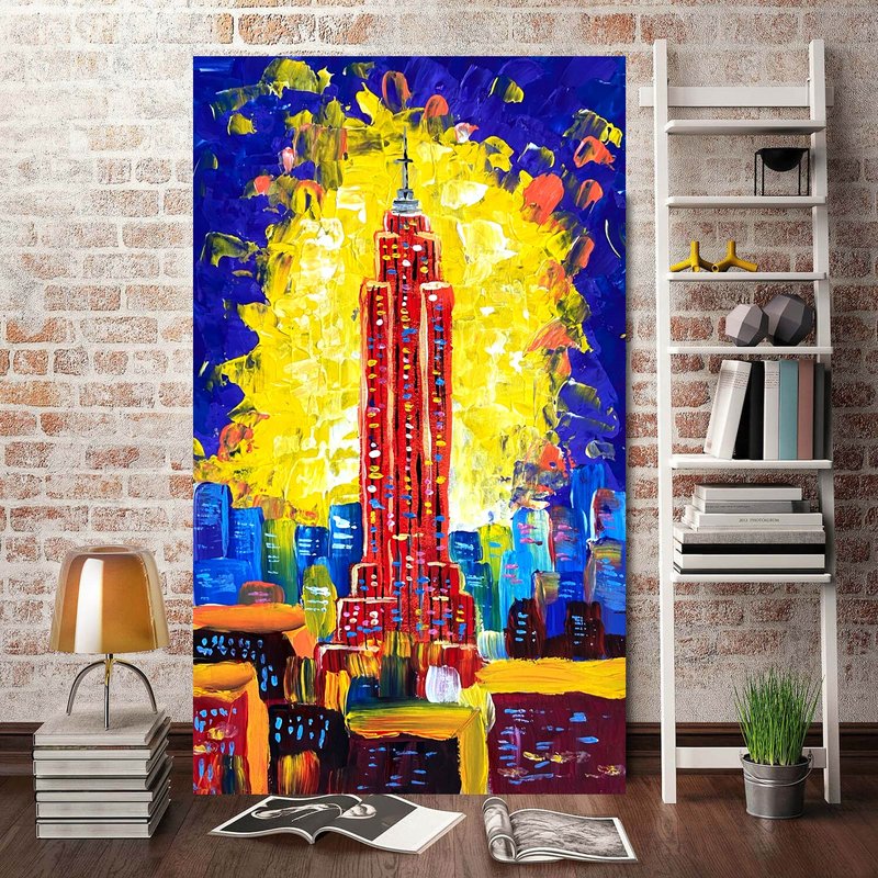 New York Painting Empire State Building Original Art Impasto Acrylic Small - โปสเตอร์ - วัสดุอื่นๆ สีน้ำเงิน