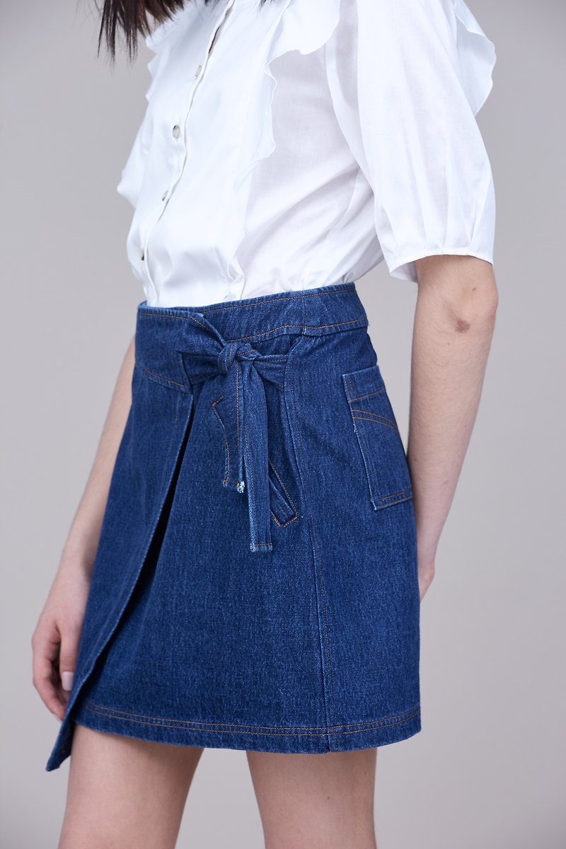 Shan Yong dark blue twill wrap bandage denim A-line skirt