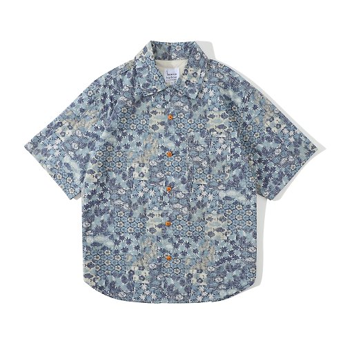 Incense harbour Incense Harbour 日本布料半袖仿拼布魚圖案花襯衫 恤衫 - 藍色