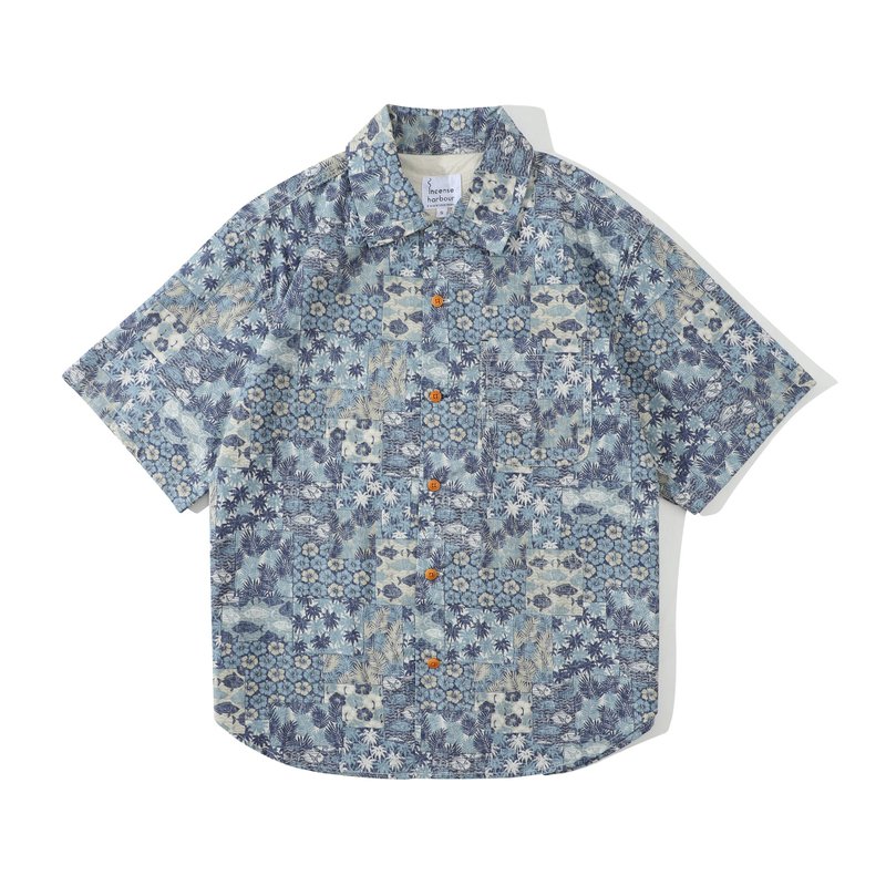 Incense Harbour Japanese fabric half sleeves shirt - Blue fish - เสื้อเชิ้ตผู้ชาย - ผ้าฝ้าย/ผ้าลินิน สีน้ำเงิน