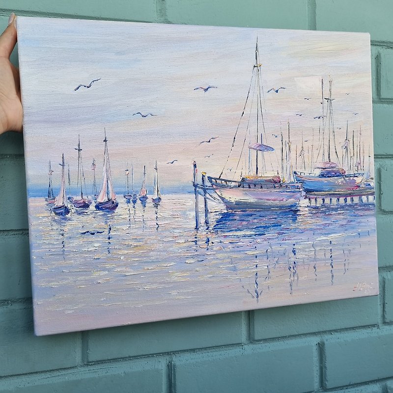 Sailboat oil painting Original Art boats artwork Impasto painting - 牆貼/牆身裝飾 - 棉．麻 藍色