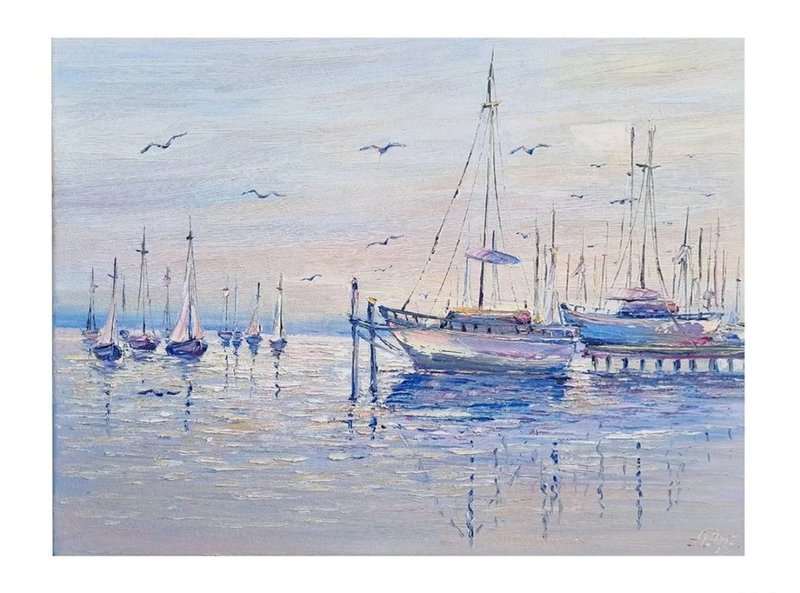 Sailboat oil painting Original Art boats artwork Impasto painting - 壁貼/牆壁裝飾 - 棉．麻 藍色