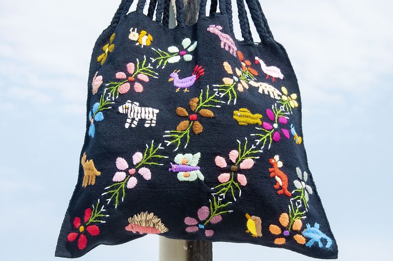 Hand-stitched Mexican Hammock Bag Embroidered Tote Bag Hand-Embroidered Shoulder Bag Wool Mexican Woven Bag - กระเป๋าแมสเซนเจอร์ - ผ้าฝ้าย/ผ้าลินิน สีน้ำเงิน