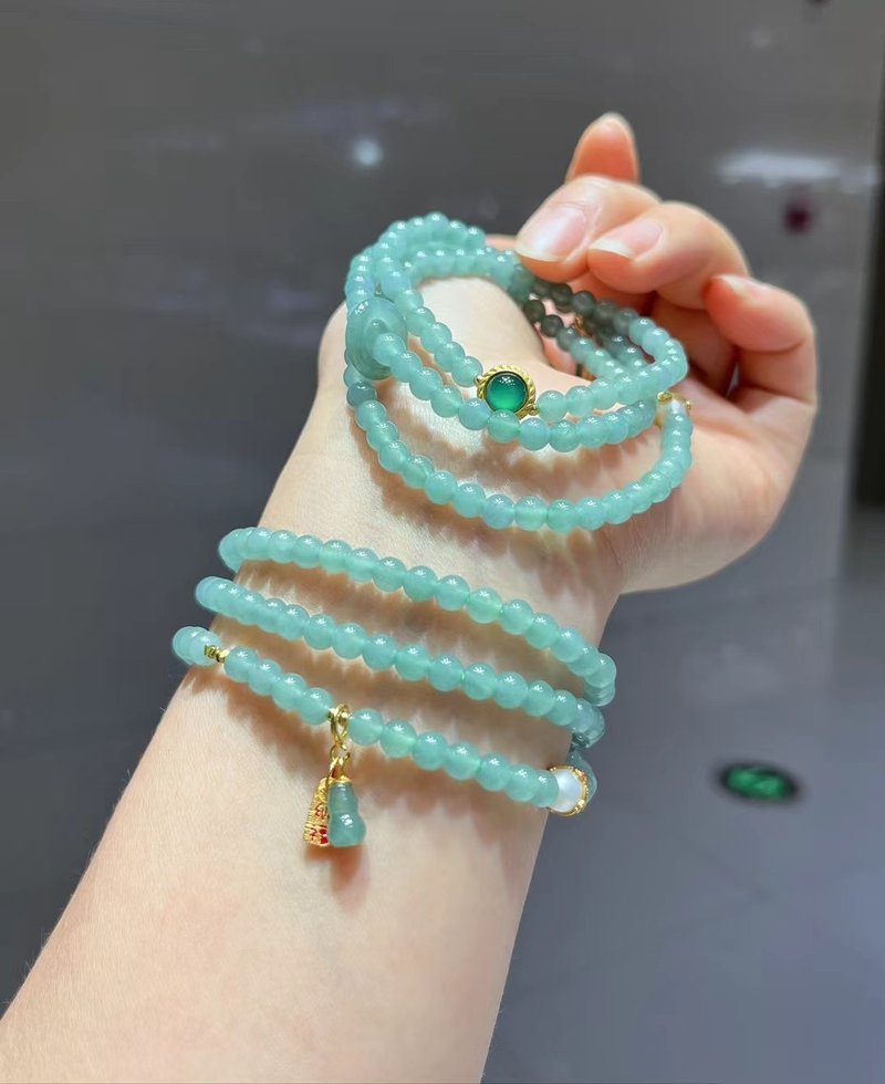 Natural A-grade jadeite blue water 3-circle bracelet with blue water gourd running ring - สร้อยข้อมือ - หยก 